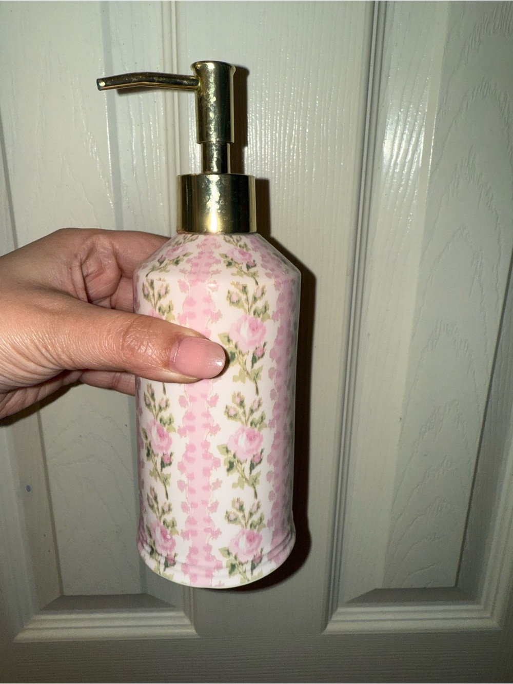 LoveShackFancy Pink Floral Ceramic Soap Dispenser with Gold Pump